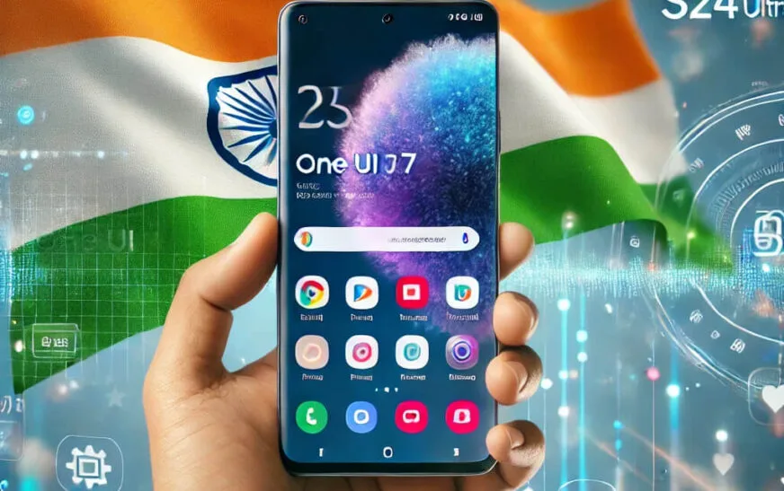 Samsung Galaxy S24 Ultra displaying One UI 7 interface with AI features, India flag in background