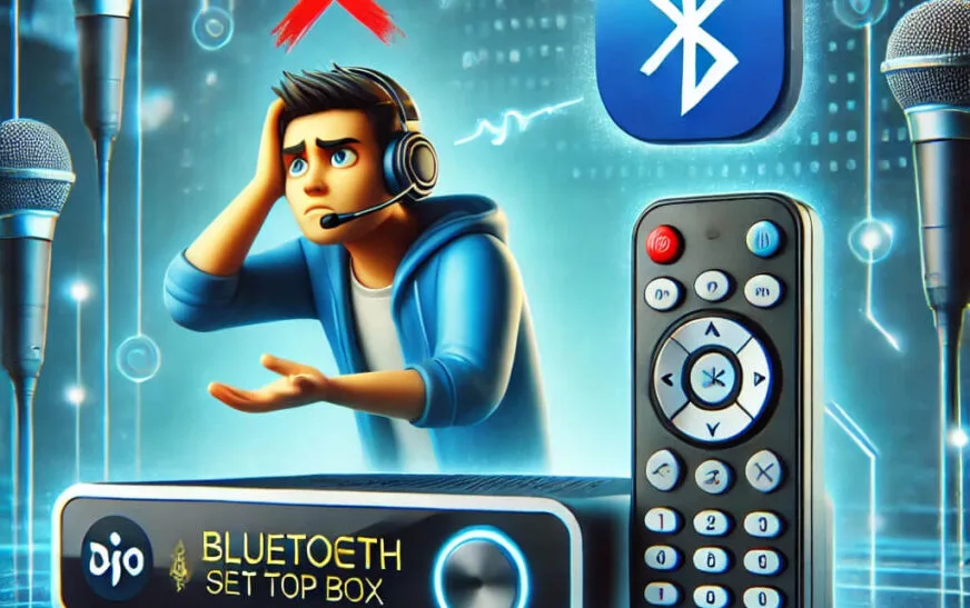 User trying to connect Bluetooth headset to Jio Set Top Box in a modern Indian living room, showing pairing error on TV screen.