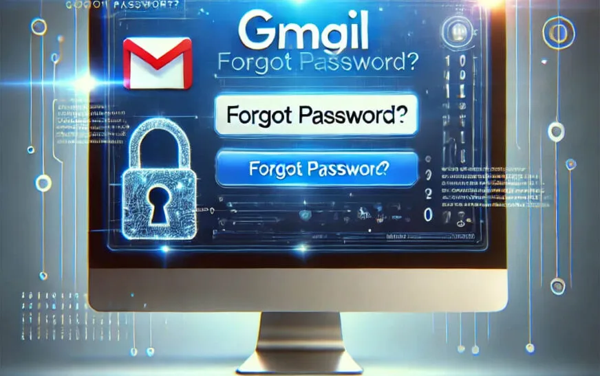 Illustration of Gmail login screen with a highlighted 'Forgot Password?' option and a digital lock icon, representing password reset and recovery.